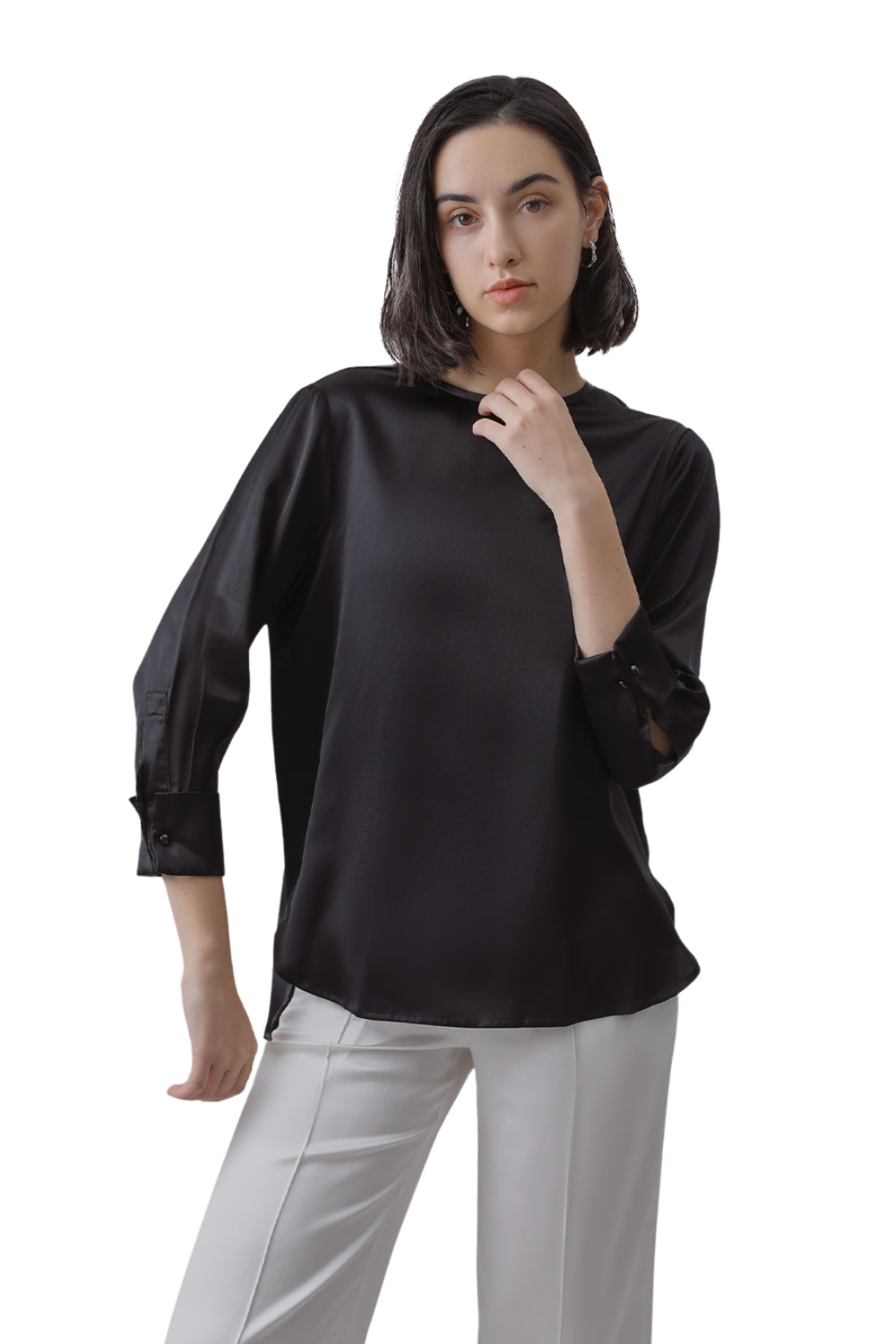 Cute Black Round Neck Silky Blouse BY Styched - Clothing available at DOYUF